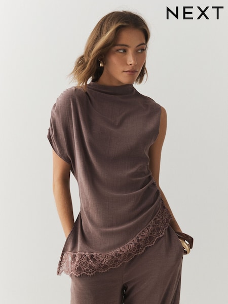 Mauve Purple - Sleeveless Asymmetrical Lace Hem Top