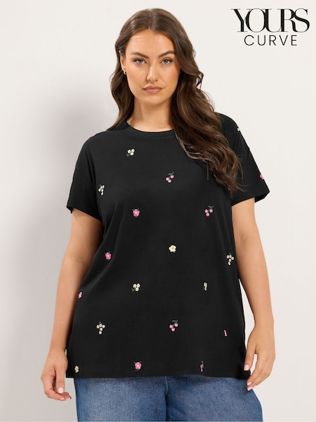 Black - Yours Curve All Over Print Embroidery Blossom T-shirt