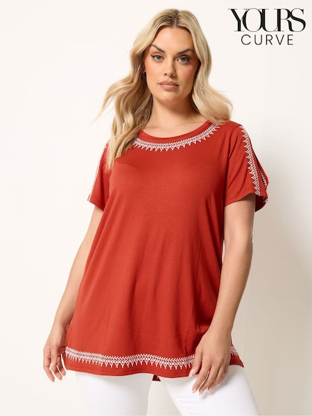 Orange - Yours Curve Embroidered Cold Shoulder Top