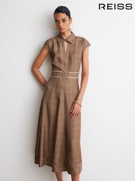 Neutral Check - Reiss Sammie Collared Check Belted Midi Dress