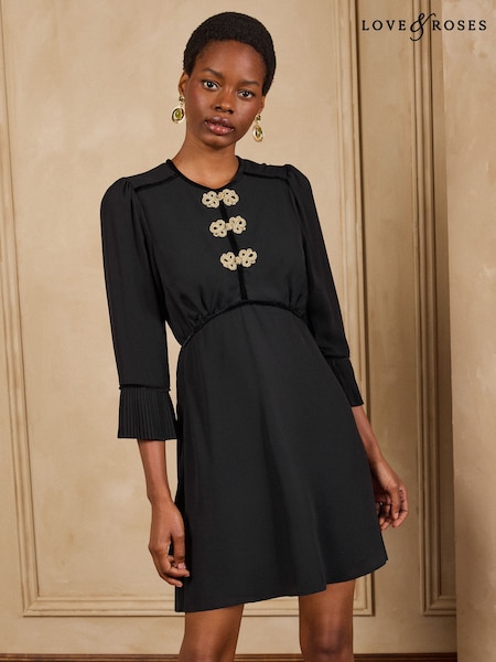 Black - Love & Roses Frogging Detail Mini Dress