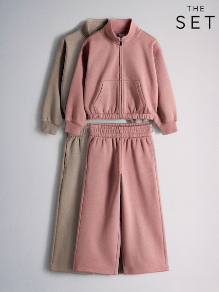 Pink/Brown - The Set 2 Pack Cropped Funnel Neck Zip Throughs Sweat Top And Wide Leg Joggers Set