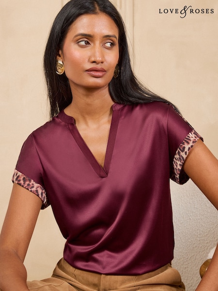 Burgundy Red - Love & Roses Notch Neck Satin Front Jersey T-shirt