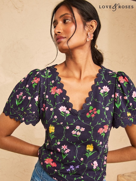 Navy Floral Print - Love & Roses Scallop T-shirt