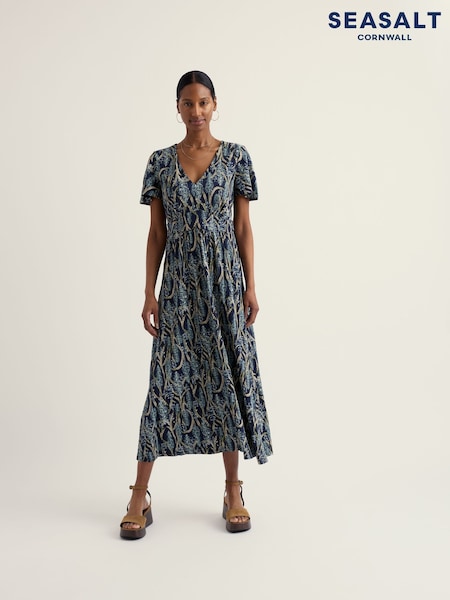 knee length dresses for ladies Seasalt Ladies Secret Cove 3/4 Sleeve Midi Dress Woodblock Bloom Marit main image 1