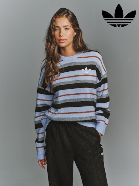 Violet Purple - Adidas Knit Essentails Striped Crew Neck Jumper