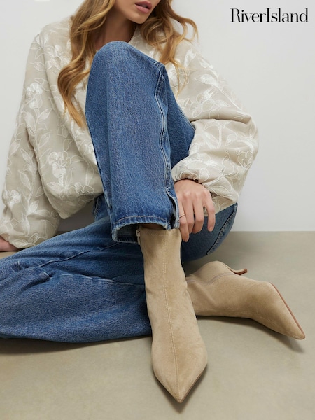 Brown - River Island Faux Suede Pointed Toe Sock Boots