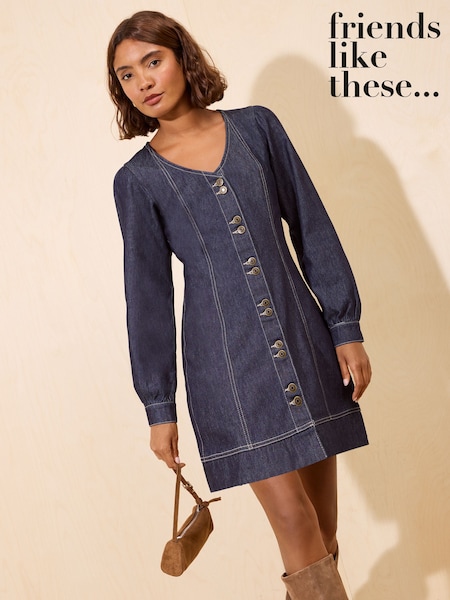 Rinse Wash - Friends Like These V-neck Puff Sleeved Denim Mini Dress