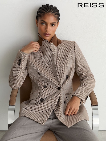 Taupe Neutral - Reiss Aubrey Wool-blend Textured Double-breasted Blazer