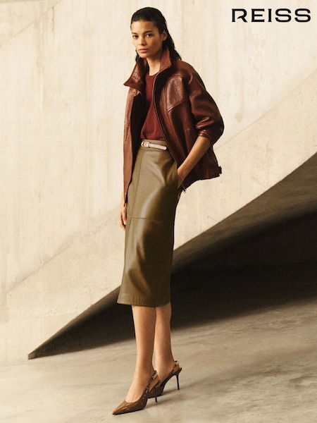 Khaki Green - Reiss Milly Leather Midi Pencil Skirt