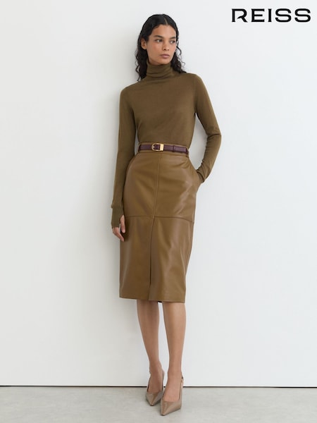 Khaki Green - Reiss Milly Leather Midi Pencil Skirt