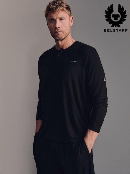 Black - Regular Belstaff Soft Touch Modal Long Sleeve Henley Pyjama Top