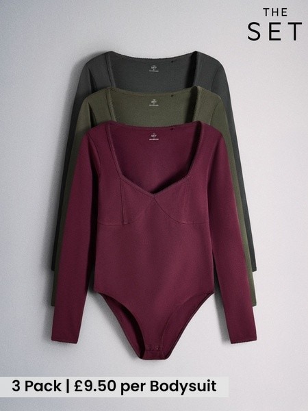 Burgundy Red/Khaki Green/Brown - The Set 3 Pack Seam Picot Trim Bodysuit