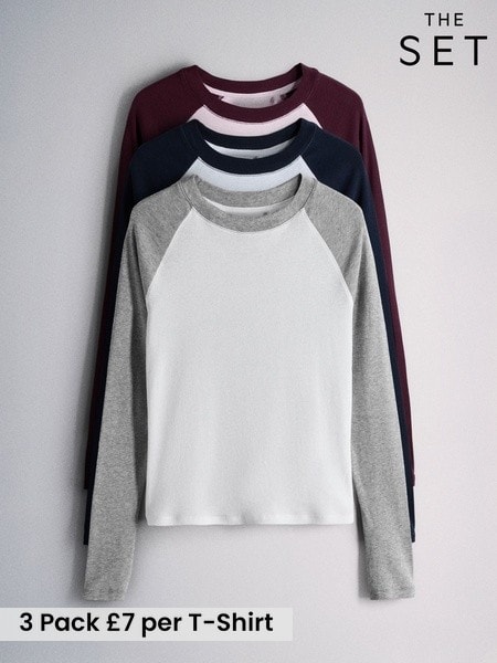 Navy Blue/Burgundy/Grey - The Set 3 Pack Raglan Baseball Semi Sheer T-shirts