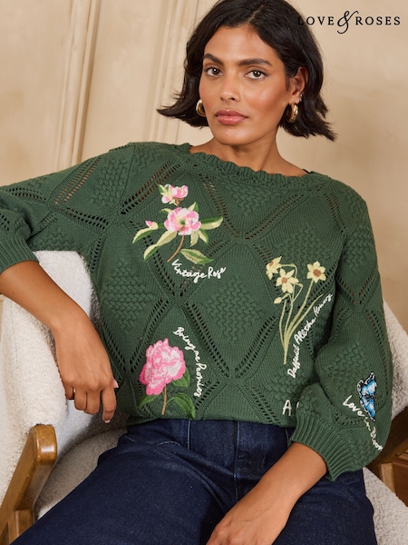 Forest Green - Love & Roses Cotton Rich Floral Detail Slash Neck Knitted Jumper