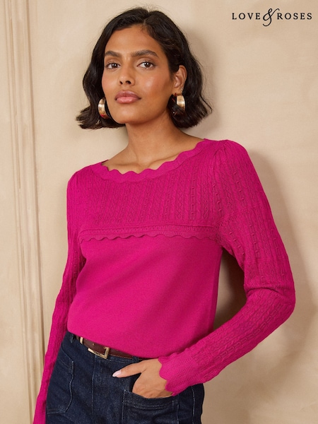 Pink - Love & Roses Scalloped Boat Neck Long Sleeve Knitted Jumper