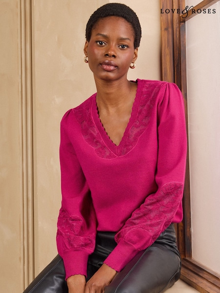 Pink - Love & Roses Lace Detail V-neck Knitted Jumper