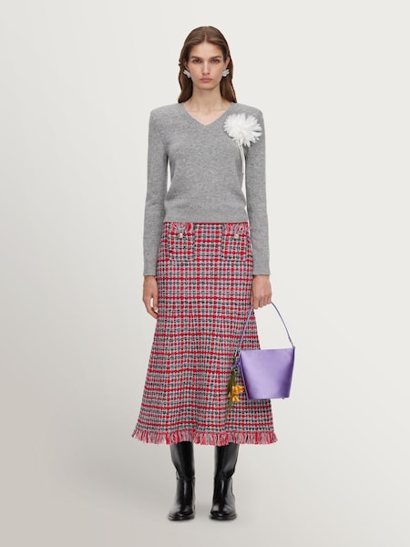 Red - Self-portrait Check Frayed Knit Midi Skirt