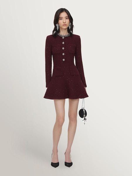 Red - Self-portrait Textured Knit Embellished Mini Dress