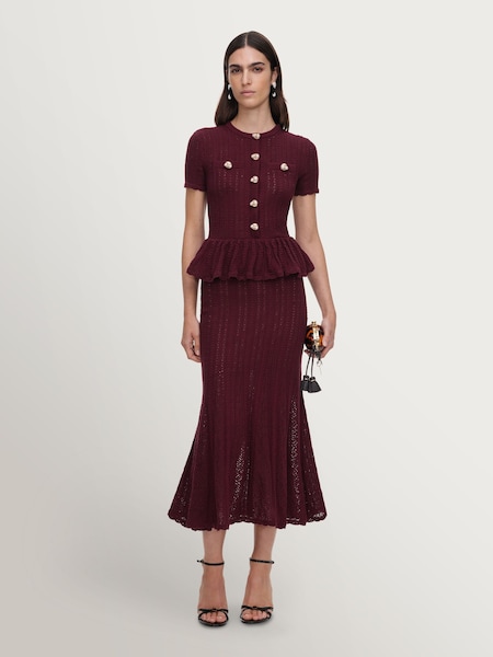 Red - Self-portrait Pointelle Peplum Knit Midi Dress