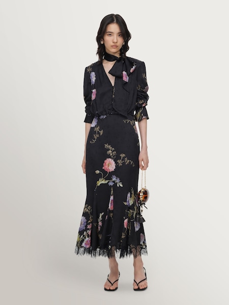 Black - Self-portrait Satin Floral Printed Midi Dress