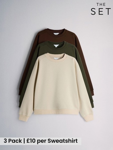 Dark Green/Brown/Taupe - The Set 3 Pack Saddle Sleeve Crew Neck Sweatshirts