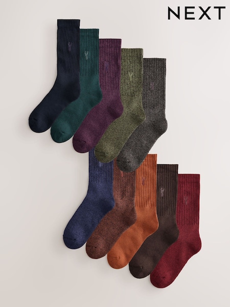 Rich Red/ Blue Green - Regular Stag Embroidered Heavyweight Socks 10 Pack
