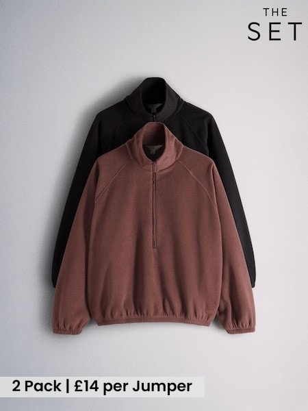 Brown - The Set 2 Pack Funnel Neck Micro Fleece Zip Jumpers