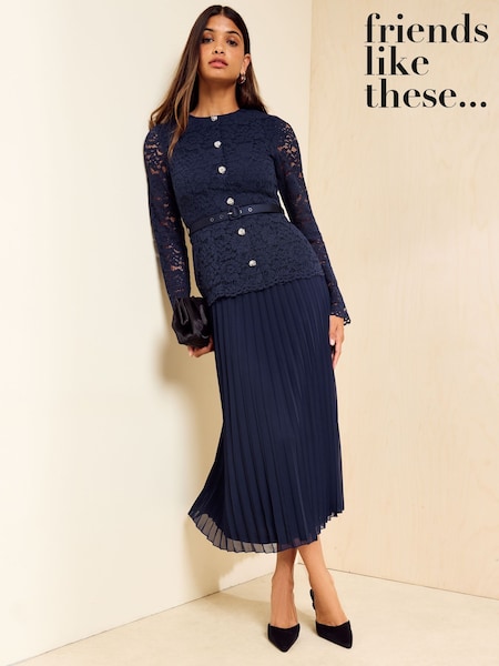Navy - Friends Like These Lace Button Down 2 In 1 Long Sleeve Midi Dress