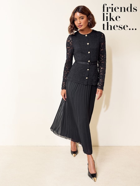 Black - Friends Like These Lace Button Down 2 In 1 Long Sleeve Midi Dress