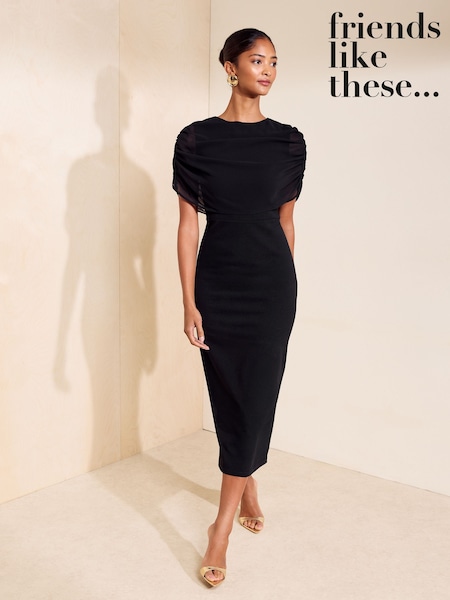 Black - Friends Like These Draped Overlay Chiffon Cape Midi Dress