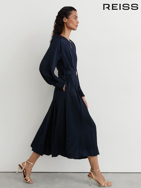 Navy - Reiss Kea Houndstooth-check Belted Midi Dress
