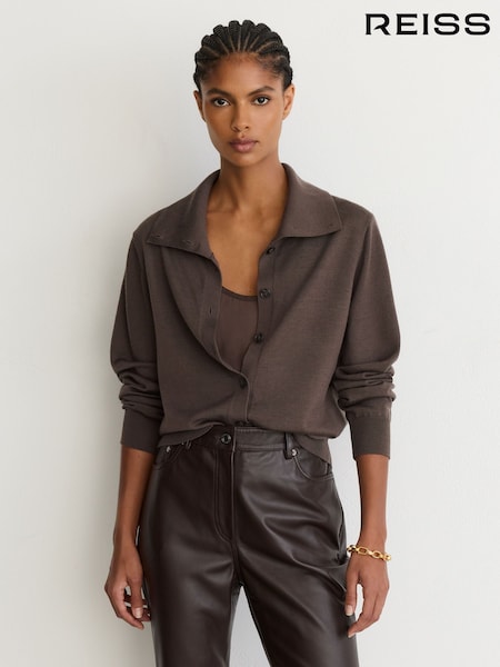 Taupe Neutral - Reiss Gale Merino Wool Collared Cardigan