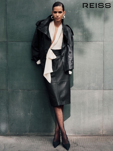 Black - Reiss Neriah Leather Belted Midi Pencil Skirt