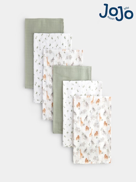 Sage Green Safari - Jojo Maman Bébé 6-pack Soft Muslins