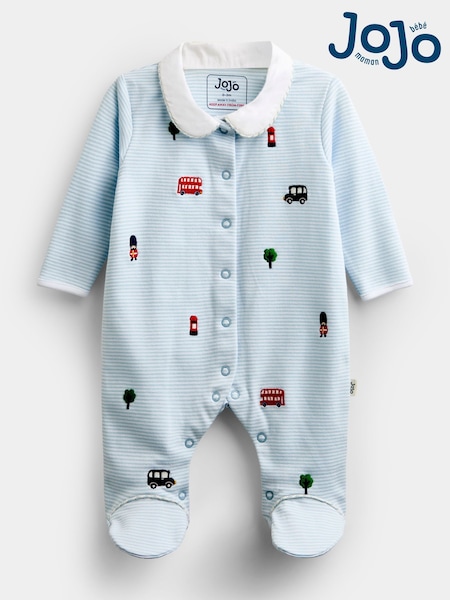 Blue - Jojo Maman Bébé London Embroidered Sleepsuit