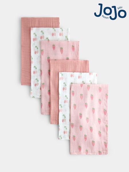 Pink Strawberries & Cherries - Jojo Maman Bébé 6-pack Soft Muslins