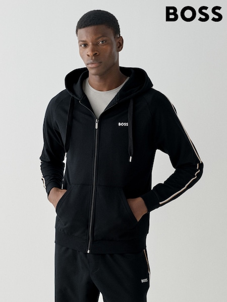 Black - Regular Boss Iconic Logo Stripe Detail Hooded Jacket