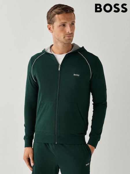 Green - Regular Boss Contrast Logo Zip Through Hoodie