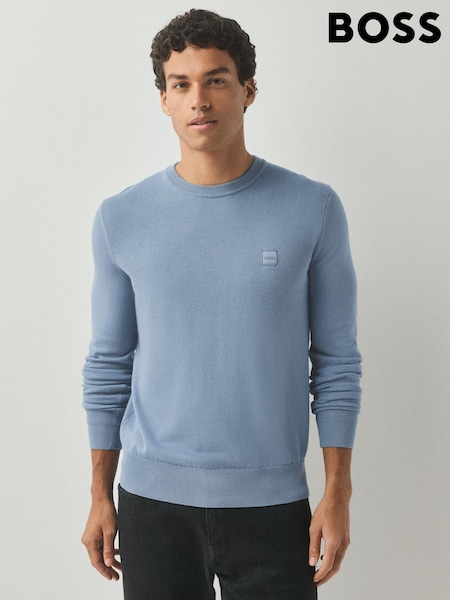 Blue - Regular Boss Regular Fit Kanovano Crew Neck Cotton Cashmere Logo Jumper