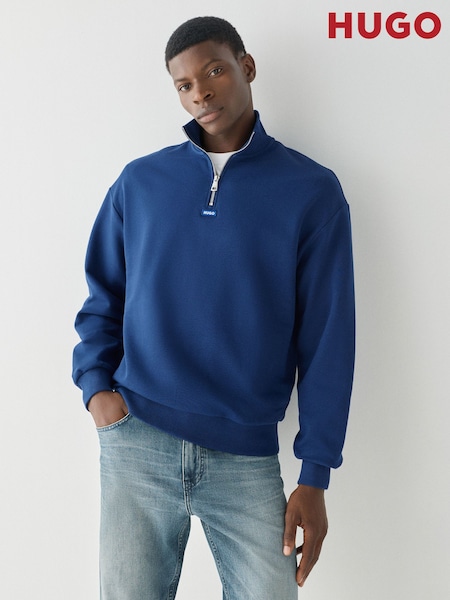 Blue - Regular Hugo Logo Quarter Zip Sweatshirt