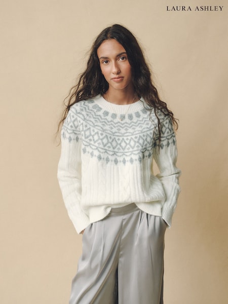 Cream/Grey - Laura Ashley Fairisle Crew Neck Knit Jumper Containing Wool