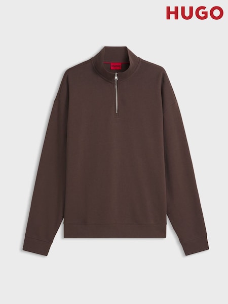 Brown - Regular Hugo Quarter Zip Tonal Logo Sweat Top
