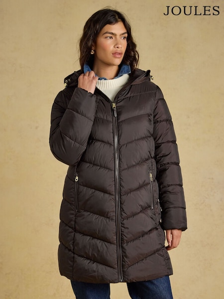 Chocolate Brown - Joules Moorsdale Mid Length Showerproof Padded Coat With Hood