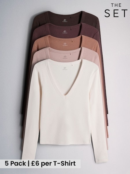 Brown/Pink/Purple/Clay/Taupe - The Set 5 Pack V-neck Ribbed Long Sleeve T-shirts