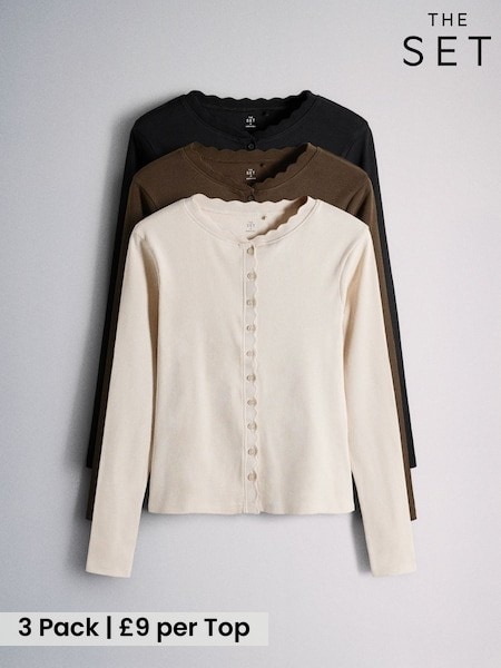 Black/Brown/Tan - The Set 3 Pack Scallop Button Through Long Sleeve Tops