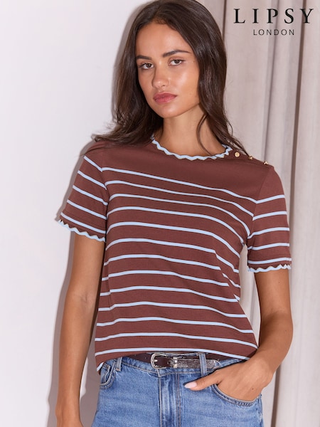 Chocolate Brown - Lipsy Stripe Scallop Detail T-shirt