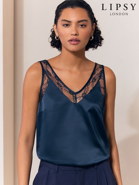 Navy - Lipsy Lace Satin Vest