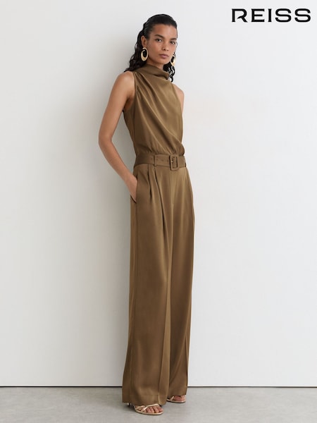 Khaki Green - Reiss Erica Satin Cowl-neck Wide-leg Jumpsuit