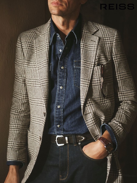 Brown/White - Classic Fit Reiss Tuscan Wool-blend Houndstooth Single-breasted Blazer